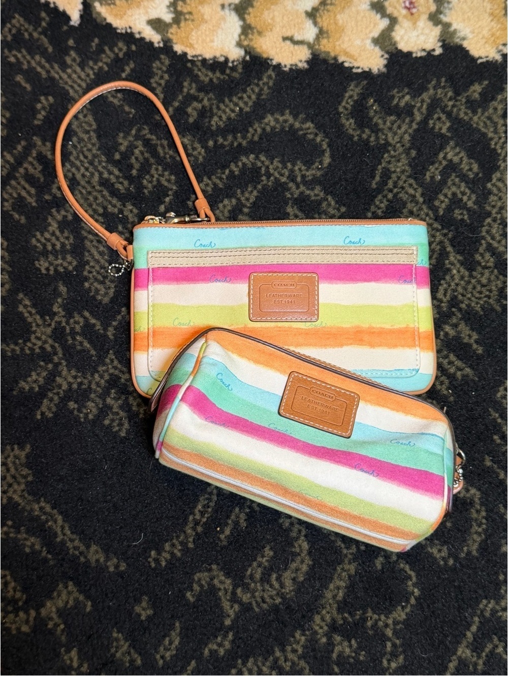 Coach Multicolor Striped Hampton watercolor Wristlet and cosmetic Pouch Set